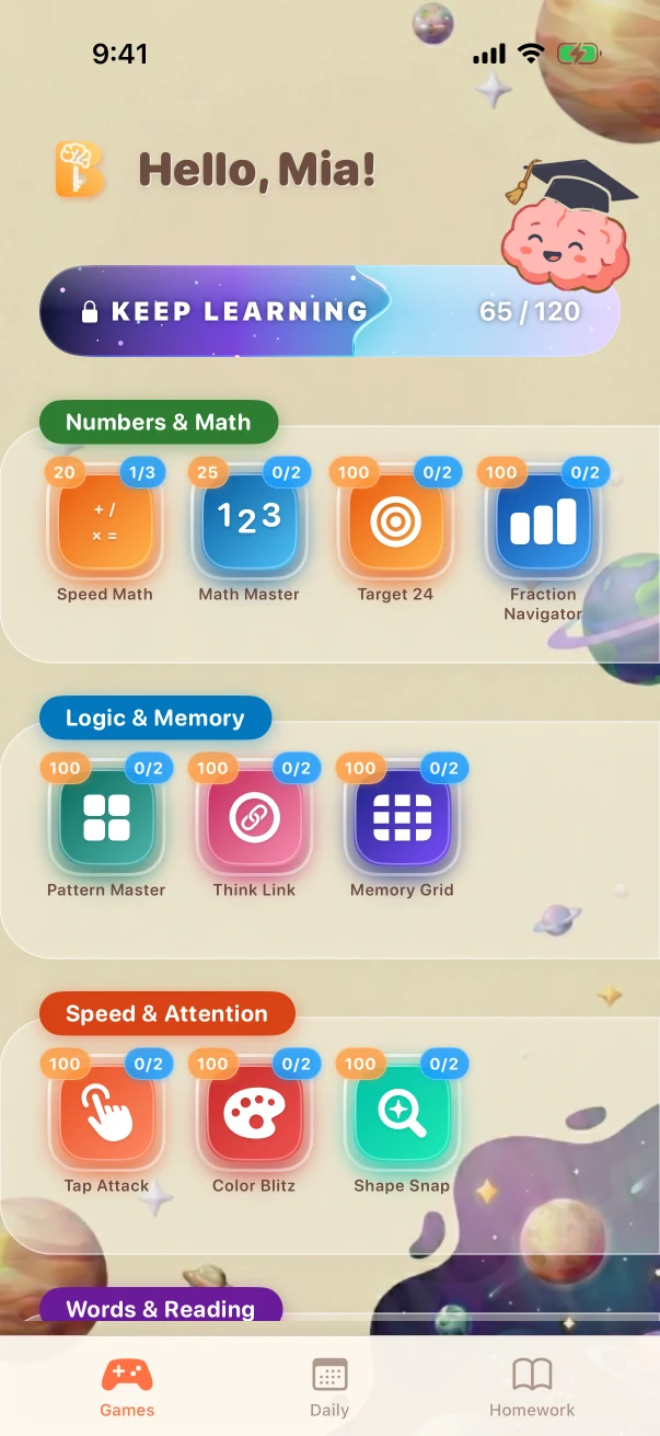 Braincove child dashboard showing the active access goal and available learning games.