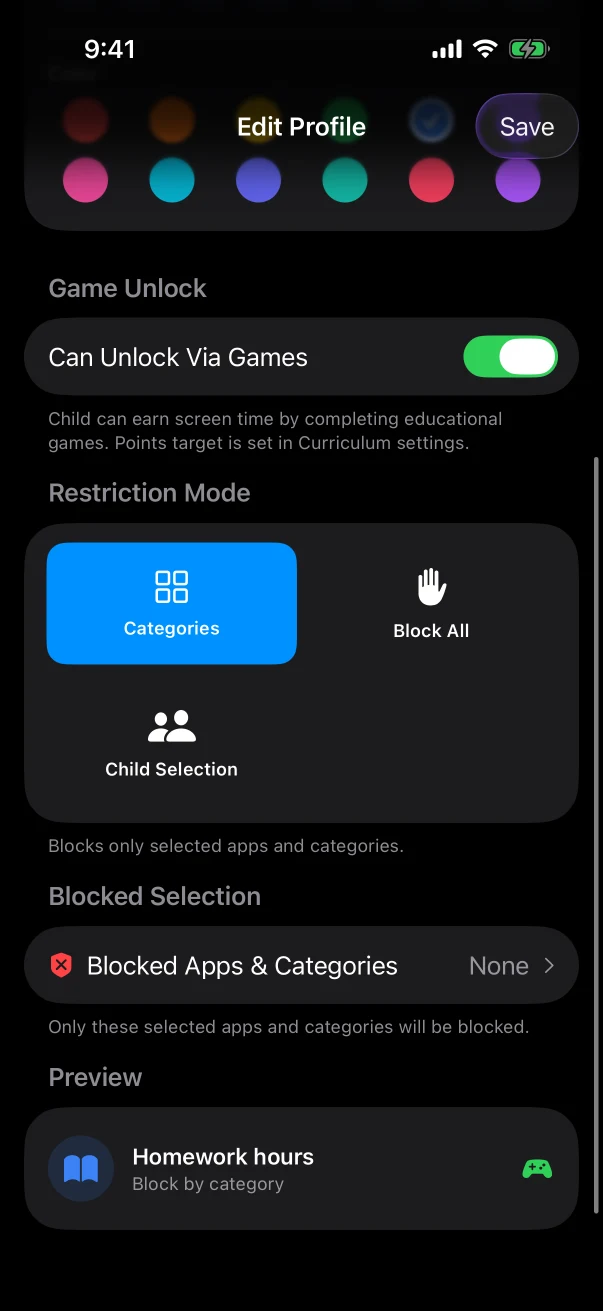 Braincove parent restriction editor showing selected app categories for the demonstration child.