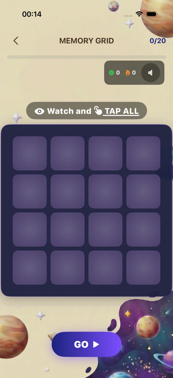 MemoryGrid showing a pattern-recall board in the current iPhone app.