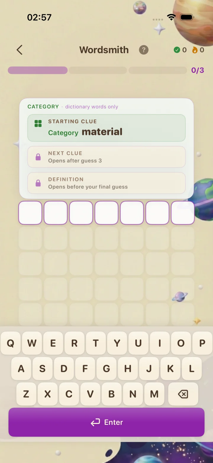 Wordsmith showing a meaning clue, word grid, and English keyboard in the current iPhone app.